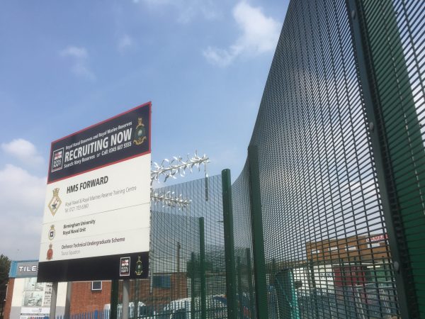 Double mesh fencing providing security for a Royal Navy Unit. Commercial fencing provides appropriate security.