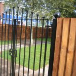 Black vertical bar steel gates. Securing a garden or fencing suppliers in Birmingham.