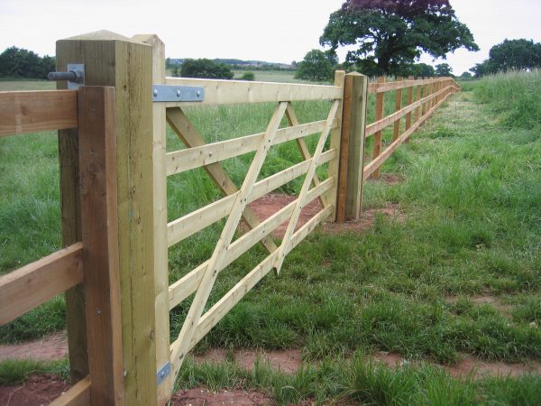 Five bar field gate alongside a wooden fence.