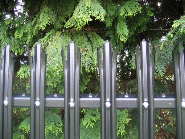 Installed black steel palisade fencing. The commercial fence panel provides high quality security.