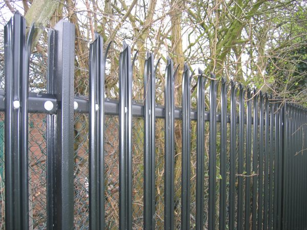 Steel palisade fencing. This black commercial fencing provides the highest quality security.