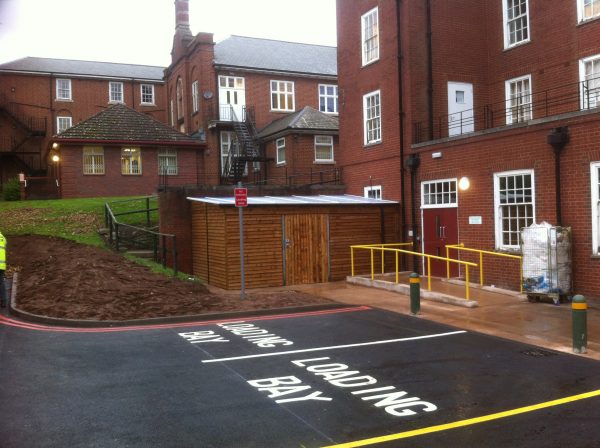 Bespoke commercial shed assembled outside of a school in Birmingham.