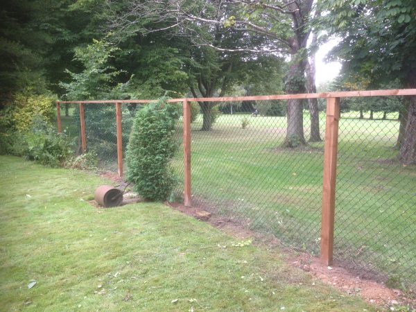 Green chain link fencing with wooden fence posts.