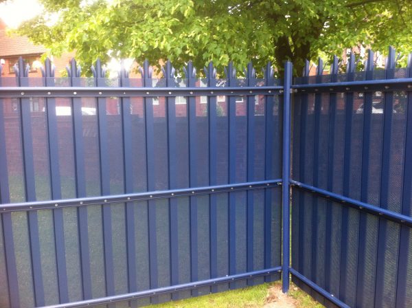 Blue steel palisade fencing.