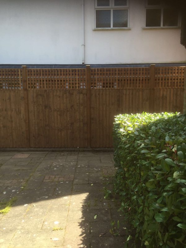 A garden yard with a wooden fence. The fence is v type with close board fence panels.