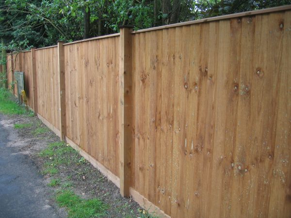 Pressure treated timber posts supporting timber fence panels. The fence is situated in a garden.