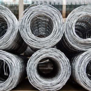 Six rolls of stock wire. The stock wire is on display at a fencing suppliers in Birmingham.