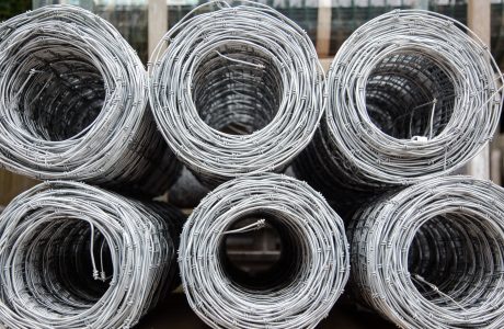 Six rolls of stock wire. The stock wire is on display at a fencing suppliers in Birmingham.