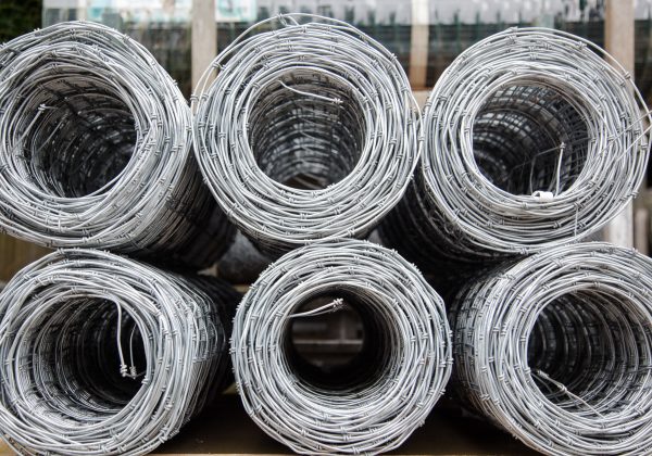 Six rolls of stock wire. The stock wire is on display at a fencing suppliers in Birmingham.