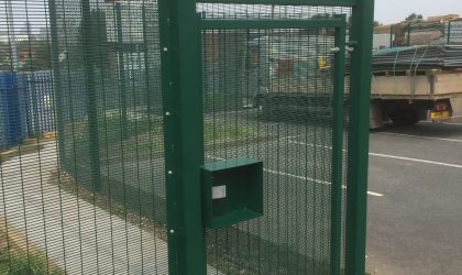 Steel commercial fencing with commercial gate both provided and installed by Hodges & Lawrence Fencing suppliers.